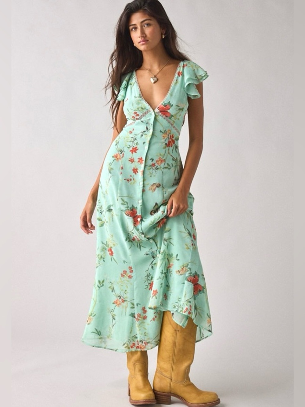 UO Kimchi Blue Mint Green Floral Butterfly Ruffle Flutter Sleeve Midi Dress XS/2